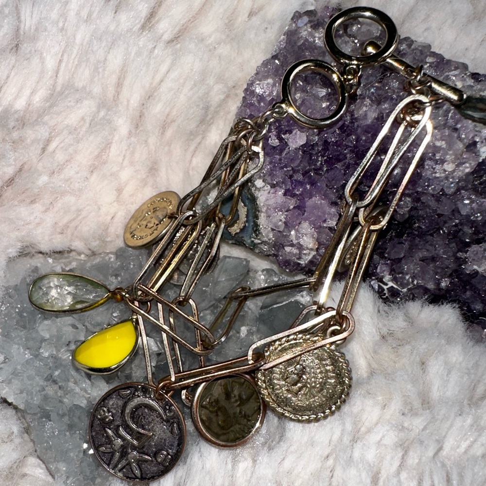 Anthropologie Boho Charm Bracelet // Stones , Coins & Layers of Chains